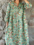 Women's Elegant Floral Pattern Shirt Style Cotton and Linen Dress