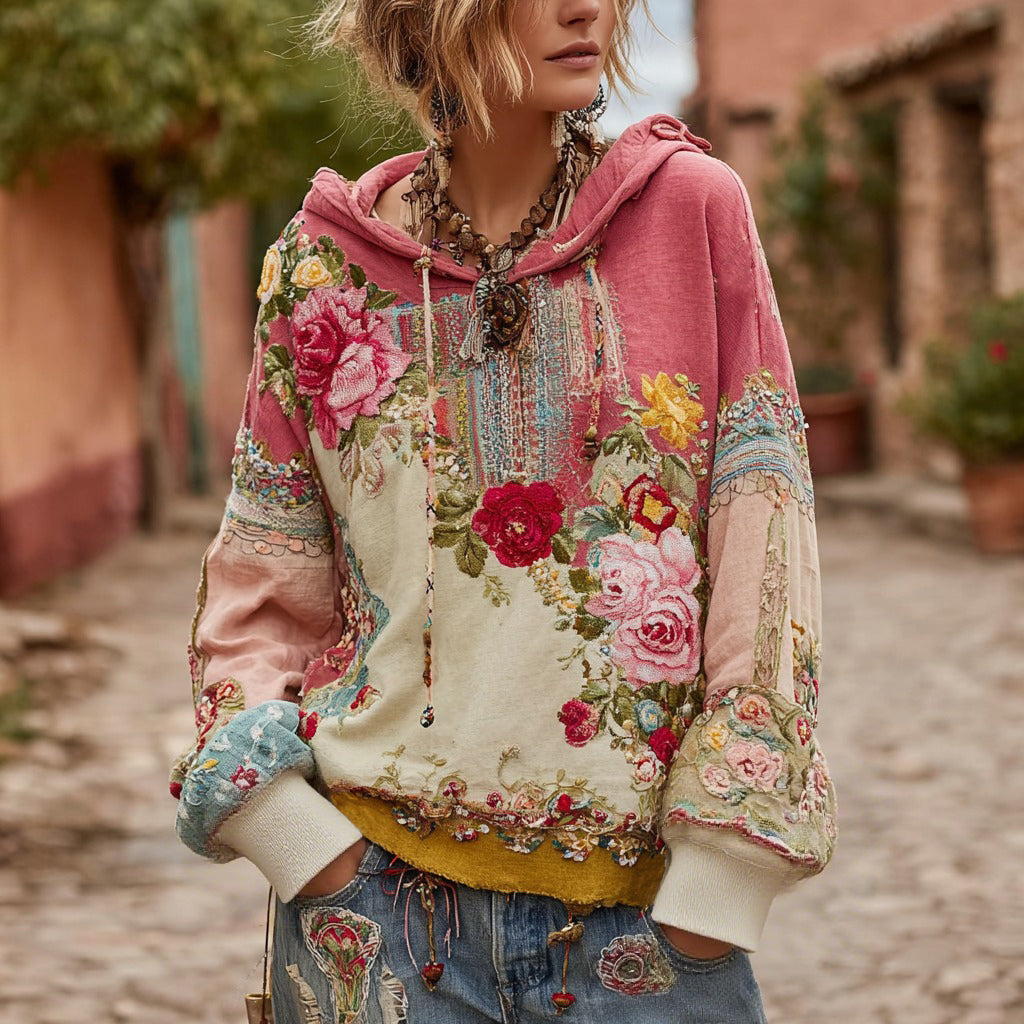 Women's Bohemian Floral Embroidery Art Crew Neck Cotton Hoodie elevenforest