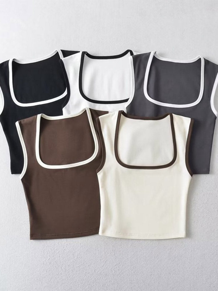 Woman Slim Contrust Camis Sleeveless Tanks Square Collar Crop Tops Clothing Mujer Y2k