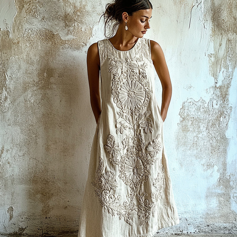 Vintage Floral Art Linen Comfy Tank Dress elevenforest