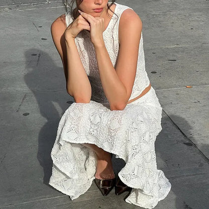 Taruxy Lace Skirt Suit Summer White Slim Sleeveless Crop Tops Holiday Beach Skirt 2 Piece Set Outfits