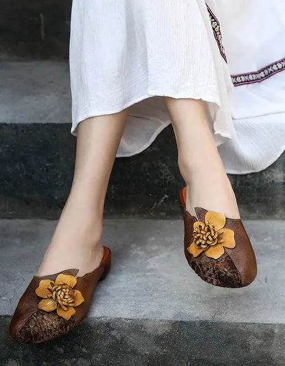 Leather Flower Retro Slippers