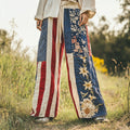 Women's Vintage Independence Day Floral Embroidery Patchwork Design  Linen Wide Leg Pants elevenforest