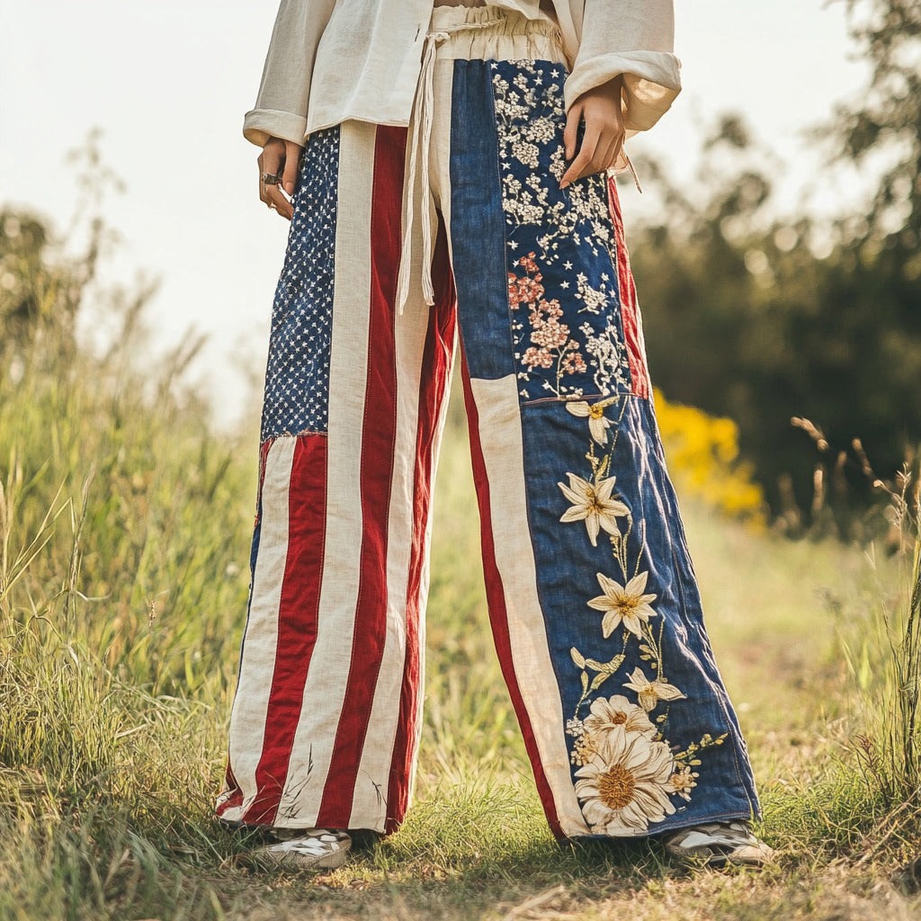 Women's Vintage Independence Day Floral Embroidery Patchwork Design  Linen Wide Leg Pants elevenforest