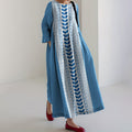 Greek Key And Floral Print Crew Neck Loose Midi Dress elevenforest