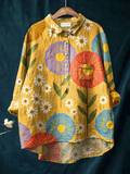 Women's Vintage Flower Dandelion Daisy Art Print Casual Cotton And Linen Shirt