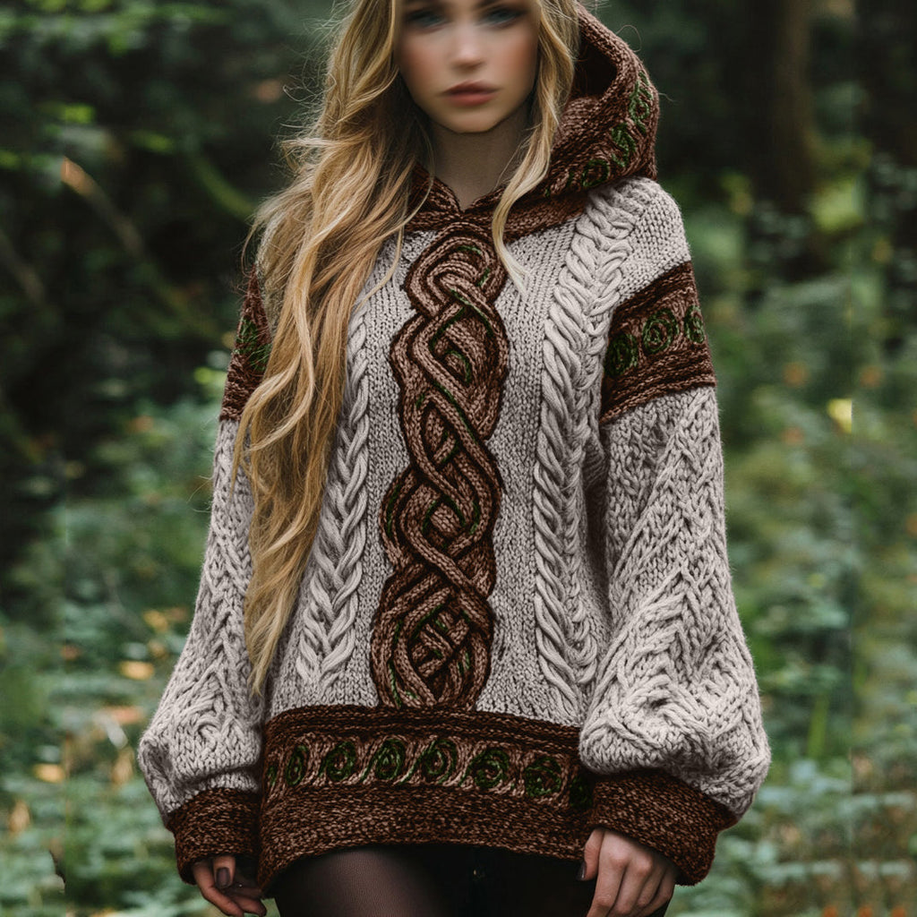 Women's Irish Celtic Knot Jacquard Hooded Sweater elevenforest