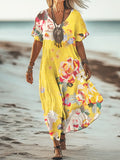 Women's Bohemian Floral Print V Neck Short Sleeve Cotton Pocket Dress