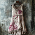 Women's Cherry Blossom Embroidery Lace Patchwork Art Linen Tank Dress elevenforest