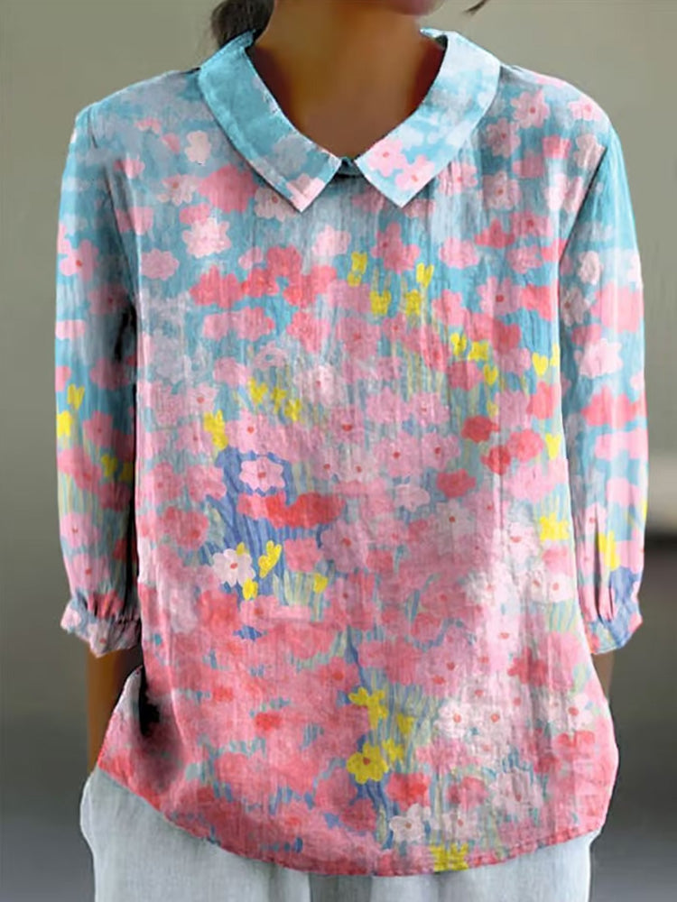 Women's Vintage Oil Painting Floral Print Design Lapel Shirt elevenforest