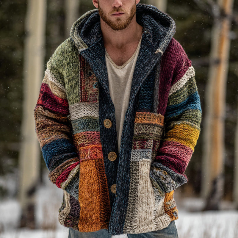Men's Vintage Geometric Block Knit Button Hooded Sweater artswardrobe
