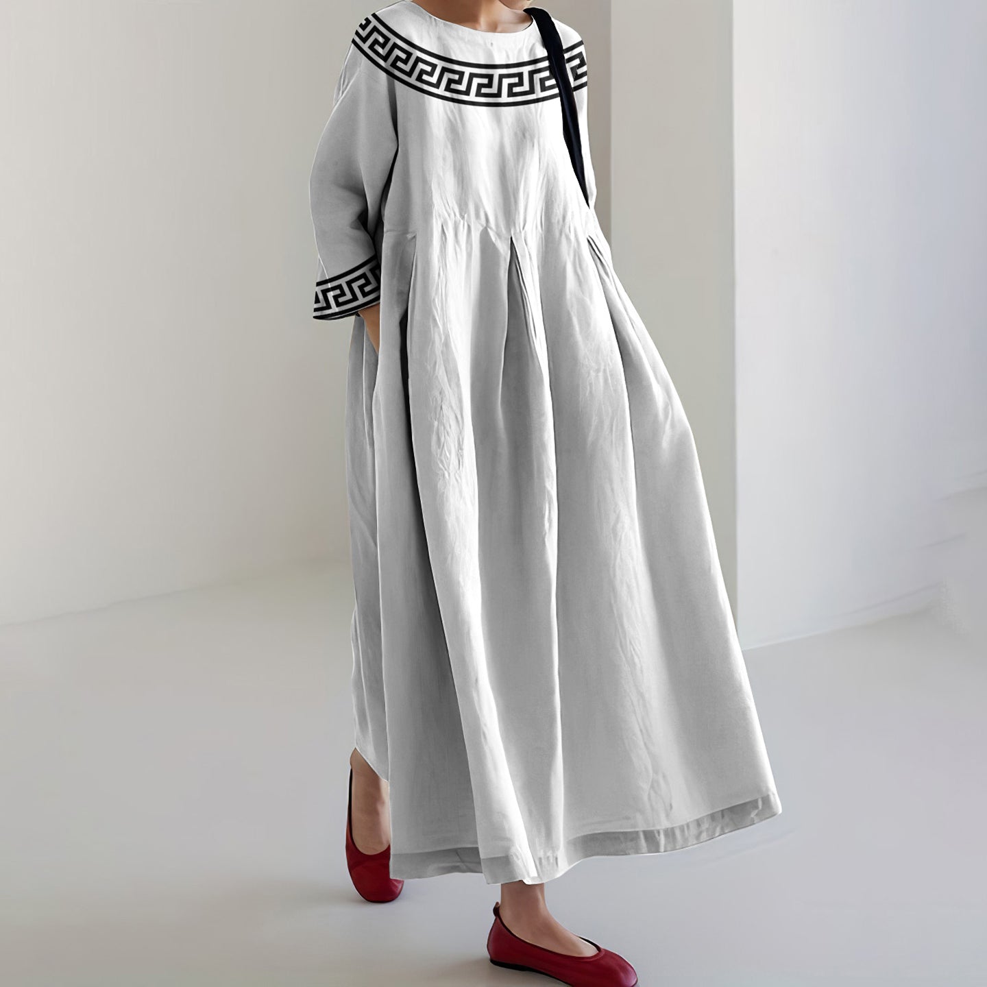 Greek Key Print Crew Neck Loose Midi Dress elevenforest