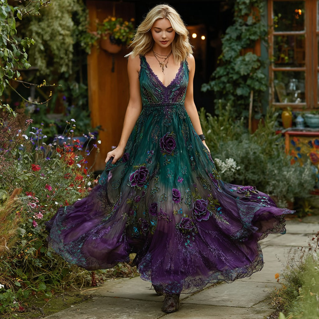 Women's Vintage Floral Embroidery Gradient Pattern Sleeveless Dress elevenforest