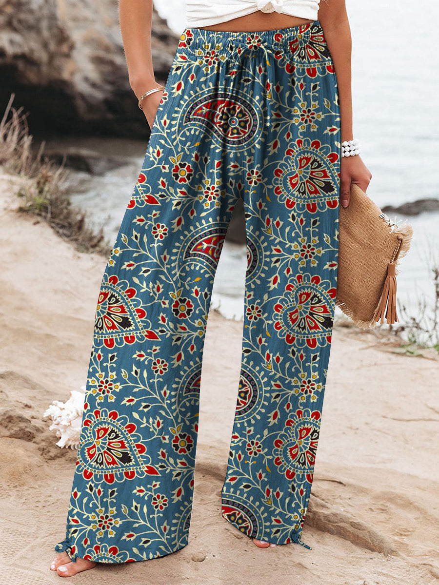 Blue Vintage Cashew Flower Women's Printed Cotton And Linen Casual Pants