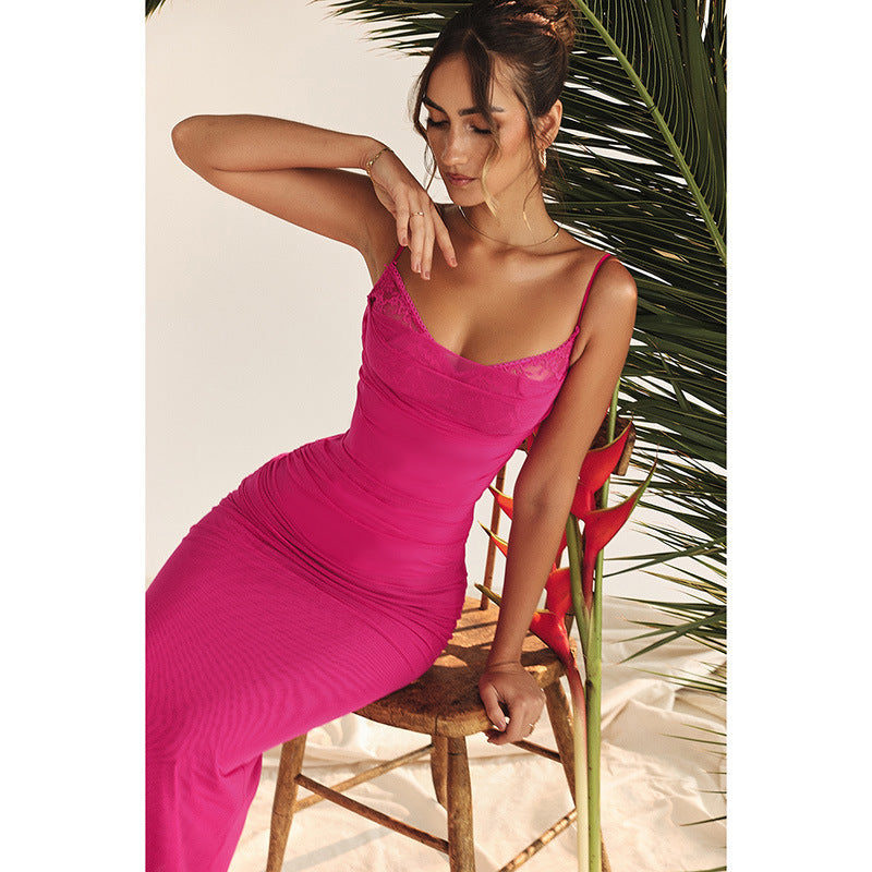 Autumn Slim Fit Chest Split Dress – Lace Mesh Camisole Dress for