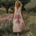 Women's Tree Of Life Pink Embroidery V Neck Tank Midi Dress