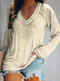 Women's Casual Vintage Floral Texture Art Print V Neck Long Sleeve Top