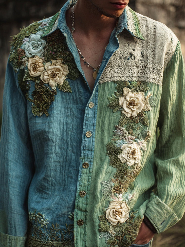 Boho Lace Floral Patchwork Art Men's Linen Long Sleeve Shirt elevenforest