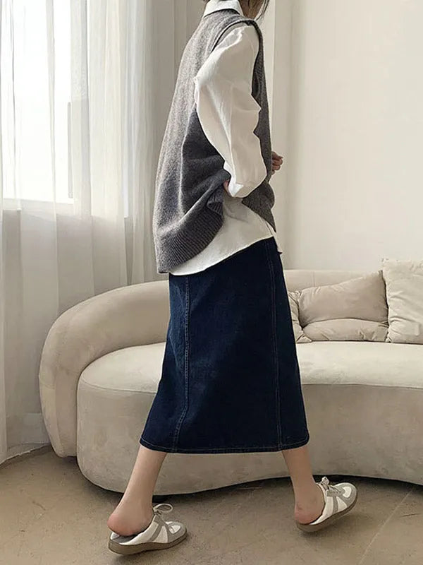 High-low Loose Color Split-joint Split-side Round-neck Knitwear Vest Top