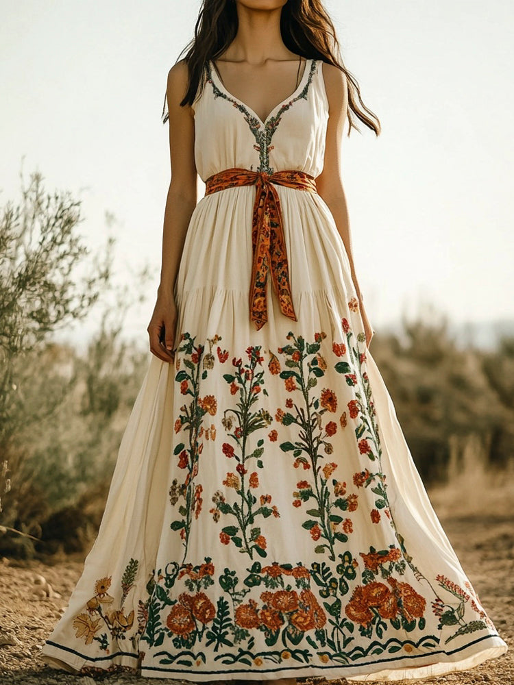 Western Floral Print Women's Linen Vest Dress elevenforest