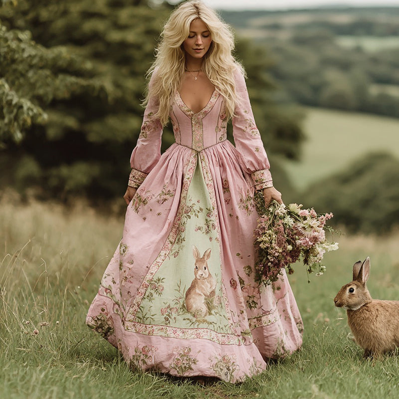 Vintage Bunny With Floral Art Women's Linen Long Sleeve Maxi V-neck Dress elevenforest