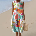 Women's Colorful Floral Dog Art Print Crew Neck Dress elevenforest