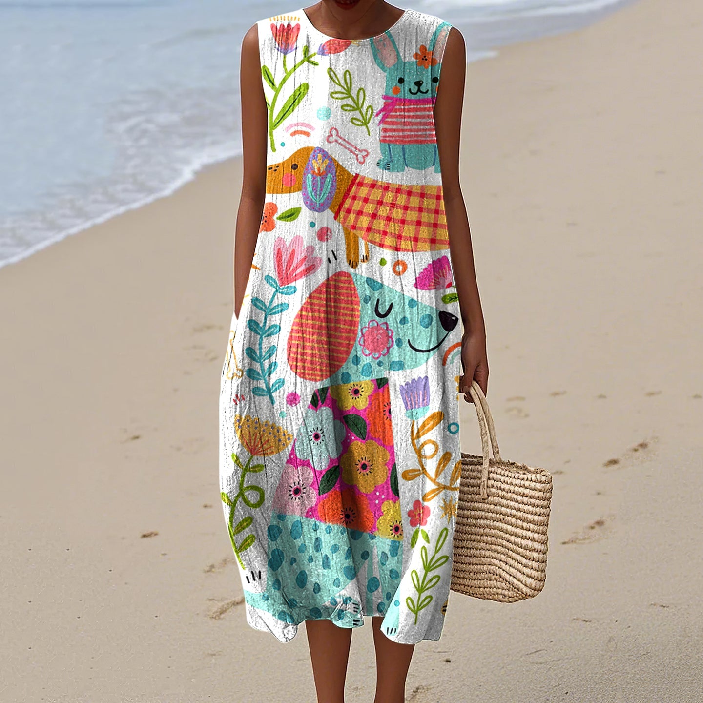 Women's Colorful Floral Dog Art Print Crew Neck Dress elevenforest