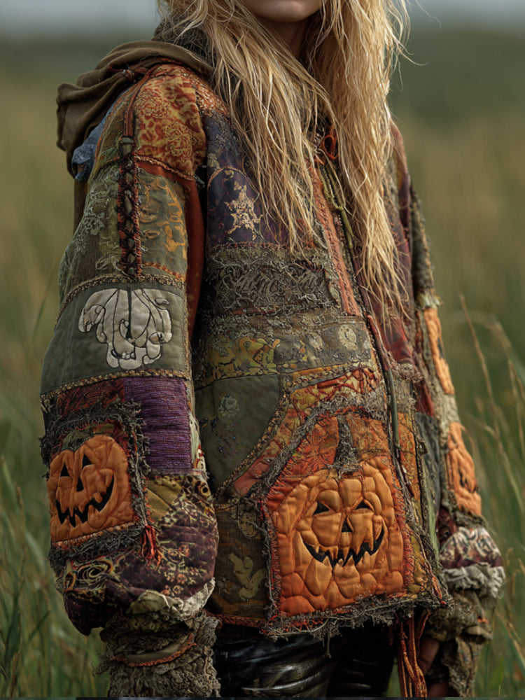 Women's Vintage-style, Distressed Patchwork Halloween Pumpkin Pattern Hoodie elevenforest