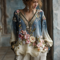 Women's Vintage Floral Wave Embroidery Pattern Casual Shirt elevenforest