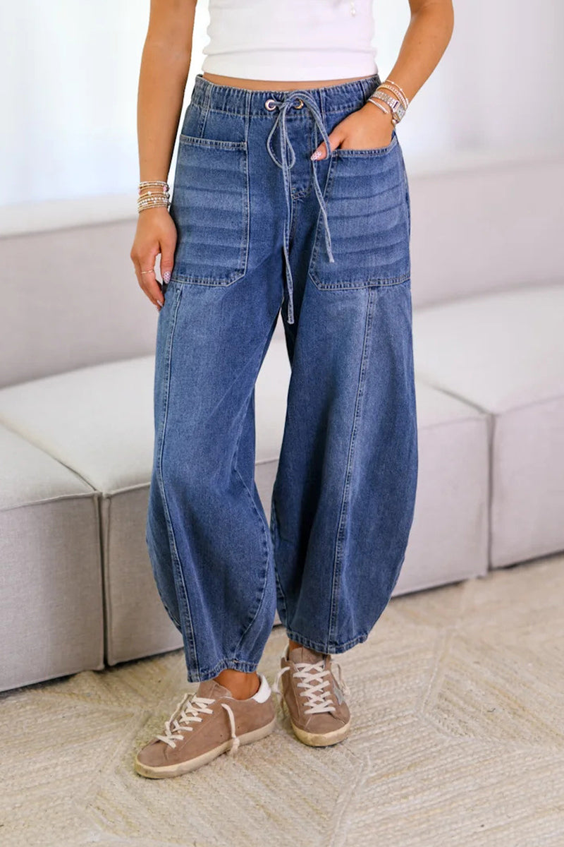Street Color Draw String Pocket Mid Waist Loose Denim Jeans