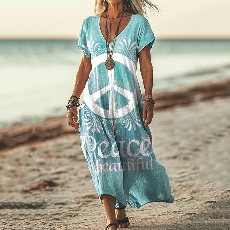 Comstylish Hippie Peace Art Linen Midi Dress