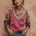 Women's Bohemian Flower Embroidery Art V-neck Casual Sweatshirt elevenforest