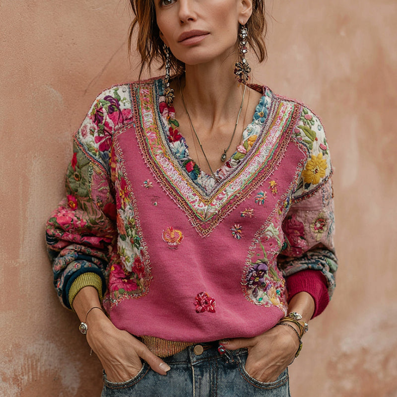 Women's Bohemian Flower Embroidery Art V-neck Casual Sweatshirt elevenforest