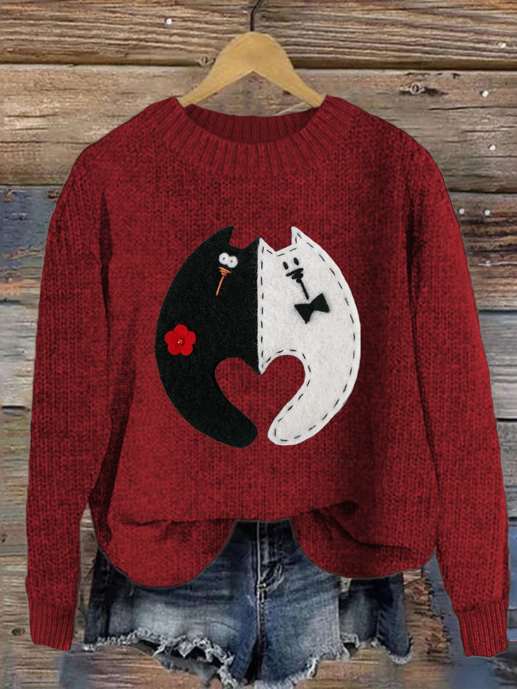 Love Cat Print Crew Neck Cozy Sweater elevenforest