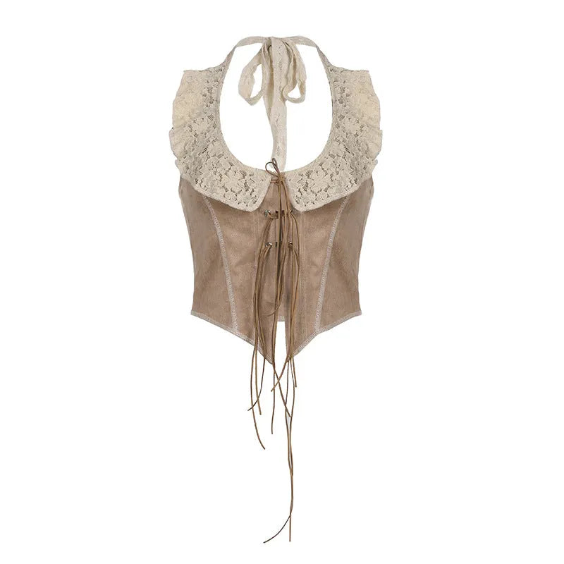 Retro Lace Lace Collar Halter Lace Up Irregular Asymmetric Hem Cardigan Slim Fit Vest Clothing