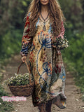 Women's Patchwork Pattern Print V Neck Pocket Cotton Dress
