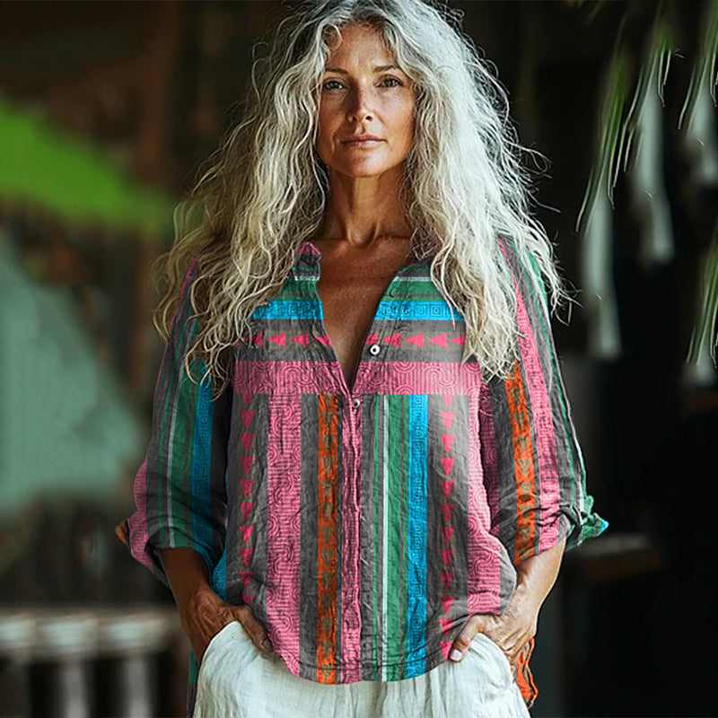 Bohemian Geometric Color Block Patchwork Sleeveless Colorful Art Print Long Sleeve Shirt elevenforest