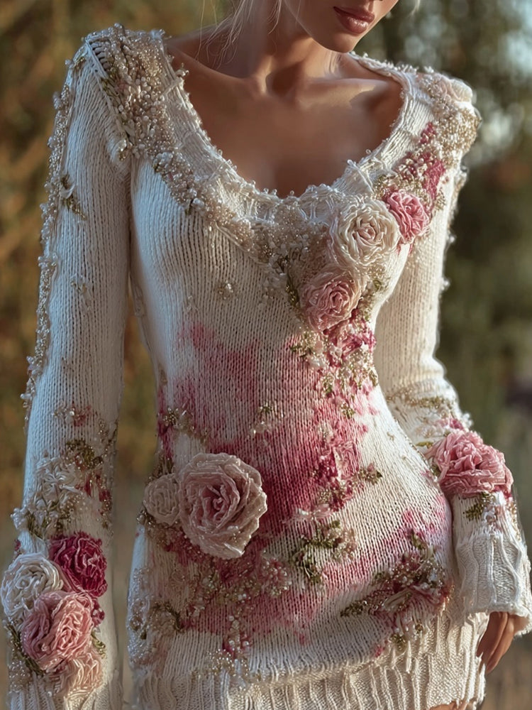 Elegant Boho Roses Fiber Art Cozy Knit Sweater Mini Dress elevenforest