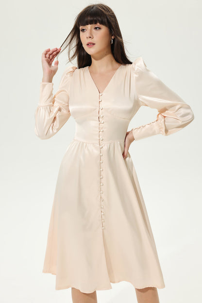 Lantern Sleeve V-neck Buttoned Midi Dress White