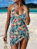 Vintage Floral Print Pleated Drawstring V-neck Tankini Pantskirt Set Swimsuit