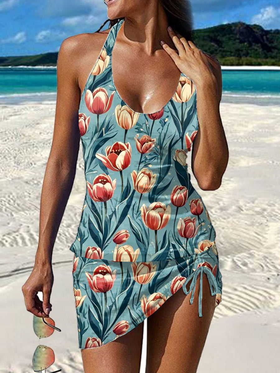 Vintage Floral Print Pleated Drawstring V-neck Tankini Pantskirt Set Swimsuit