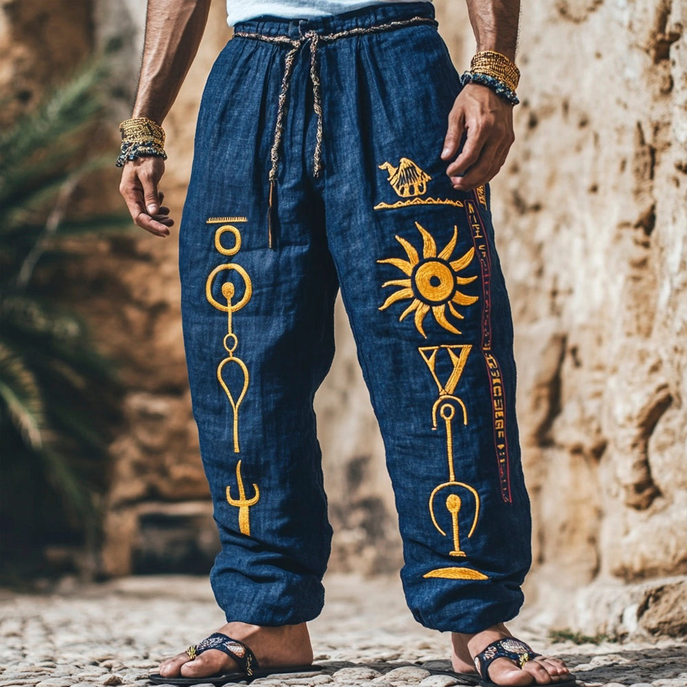 Egyptian Sun Disk Of Ra Embroidered Men's Linen Trousers elevenforest