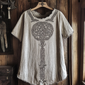 Women's Viking Tribal Tree Of Life Print Linen T-shirt elevenforest
