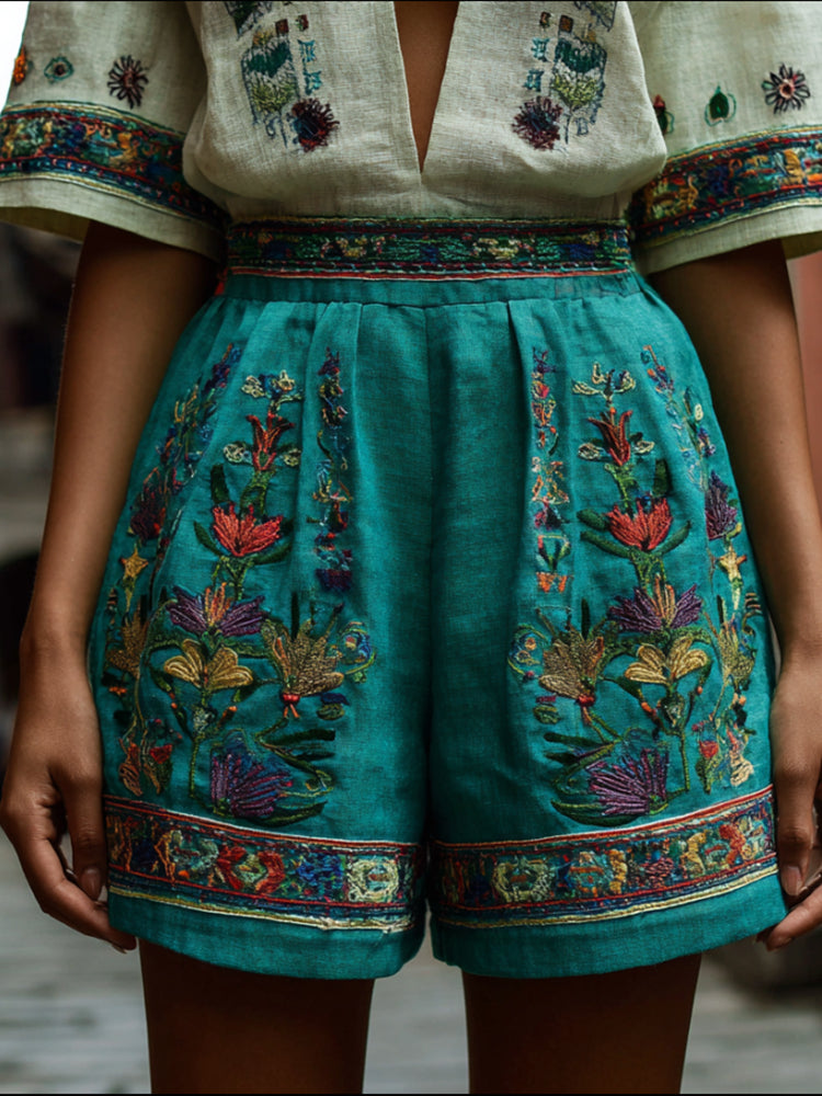 Bohemian Style Plant Small Flower Embroidery Shorts elevenforest