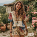 Women's Vintage Floral Patch Short Sleeve Top elevenforest