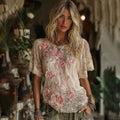 Women's Vintage Floral Art Linen Crew Neck Comfy Short Sleeve T-shirt elevenforest