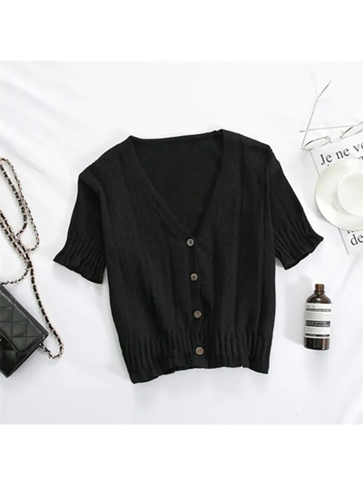 T-shirts V-neck Button Up Tees Short Sleeve T-shirts Knitted Cadigans Crop Tops for Summer Tee
