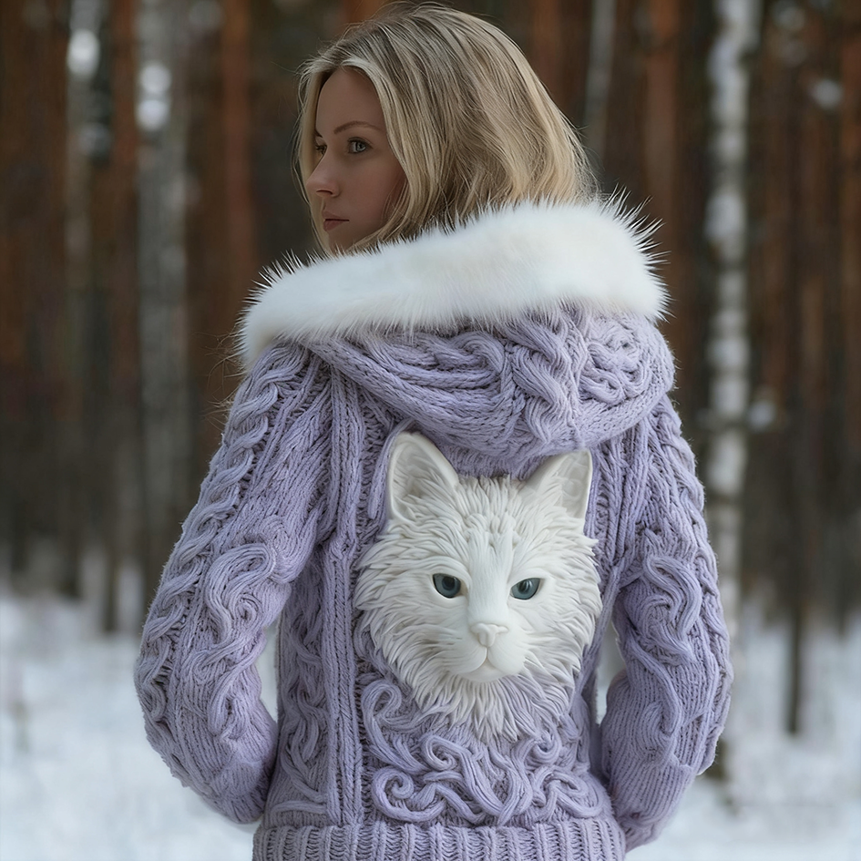Comstylish Viking Retro Cat Design Women's Hooded Knit Sweater Jacket