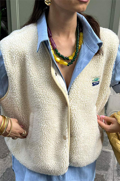 Street Pocket Buttons Fluffy O Neck Waistcoats(3 Colors)