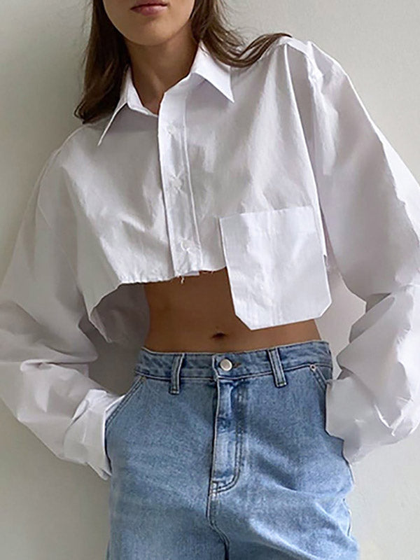 Long Sleeves Loose Asymmetric Buttoned Pockets Color Split-joint Lapel Blouses&shirts Tops